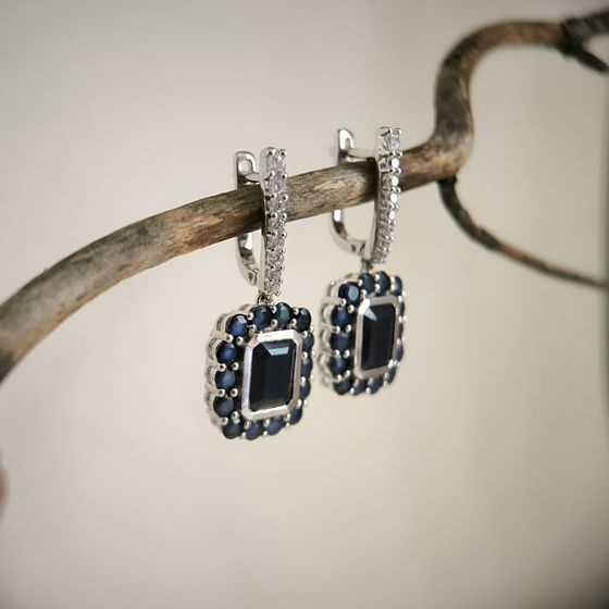 Sterling silver earrings with 10.745ct sapphire, pave diamonds