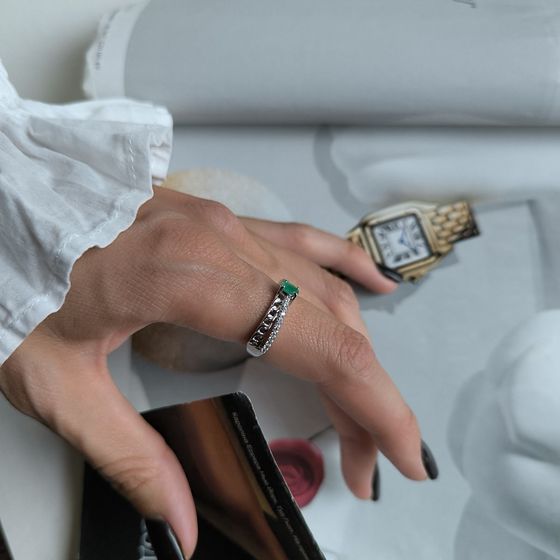 Silver ring with emerald, fianites