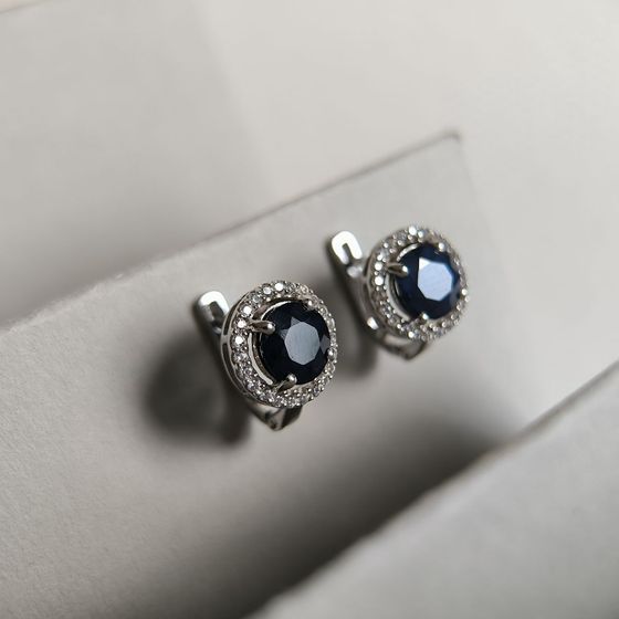 Sterling silver earrings with 5.916ct sapphire, pave diamonds