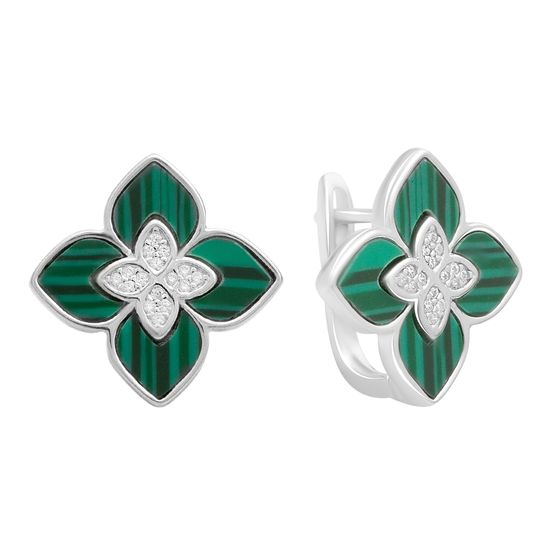 Срібні сережки з малахітом, фіанітами