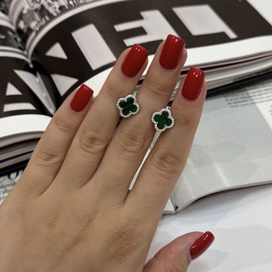 Silver earrings with malachite, fianites