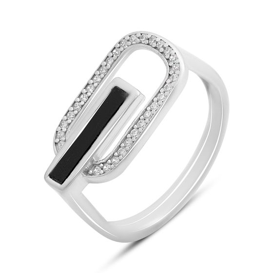 Серебряное кольцо с ониксом, фианитами