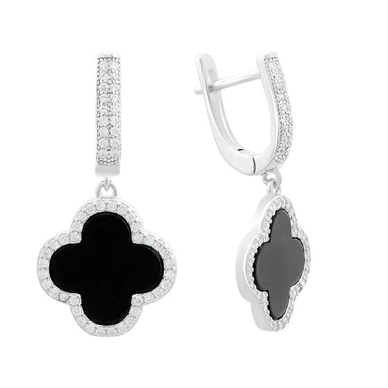 Срібні сережки з оніксом, фіанітами