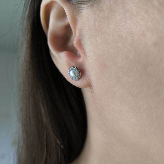 Срібні сережки з перлами, фіанітами