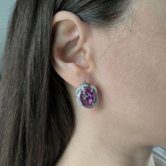 Срібні сережки з олександритом 16.513ct, фіанітами