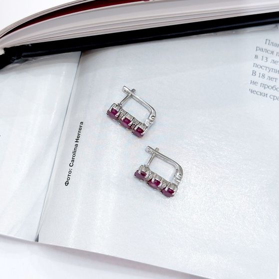 Silver earrings with a ruby and cubic zirconia