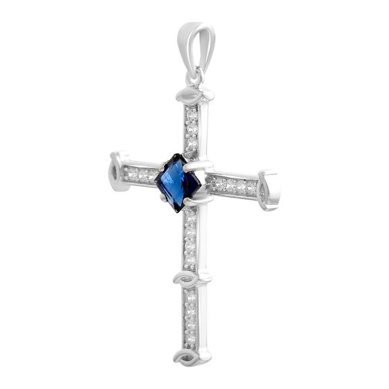 Серебряный крестик с сапфиром nano 1.095ct, фианитами