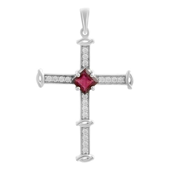 Срібний хрестик з рубіном 1,53 карата, фіанітами