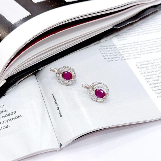 Sterling silver earrings with 4.124ct ruby, fianites