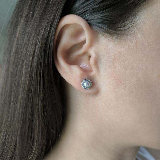 Срібні сережки з перлами, фіанітами