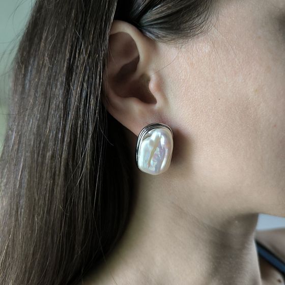 Срібні сережки з перлами бароковими, фіанітами