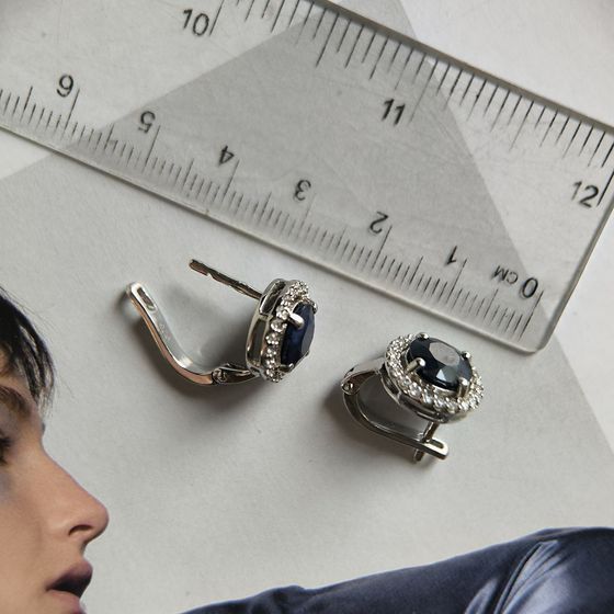 Sterling silver earrings with 5.916ct sapphire, pave diamonds