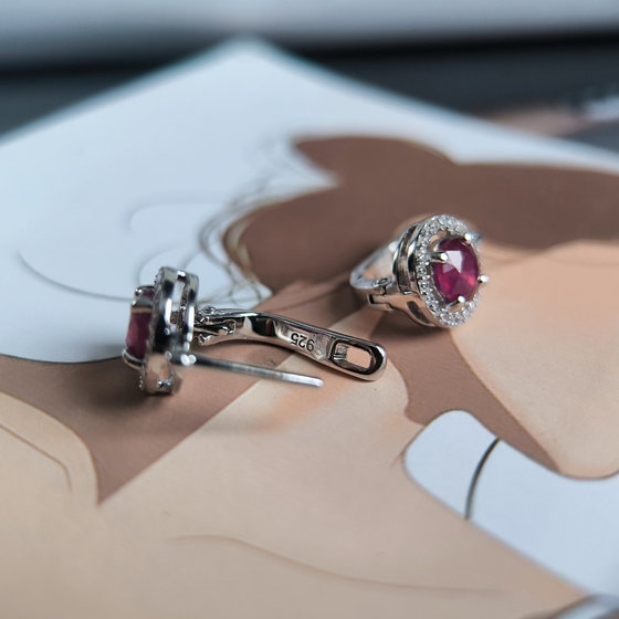 Silver earrings with ruby 2.672ct, cubic zirconia