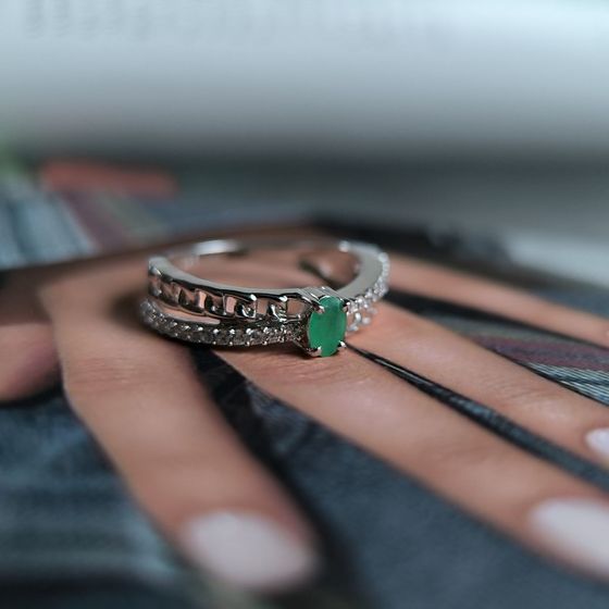 Silver ring with emerald, fianites