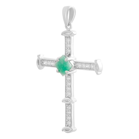 Silver cross with emerald and cubic zirconia