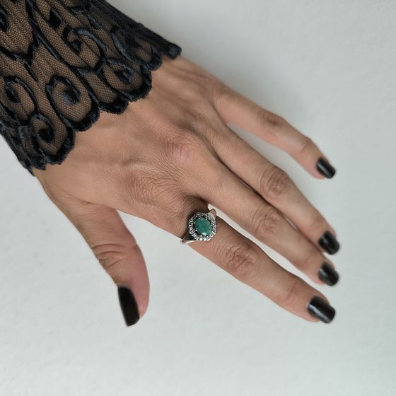 Silver ring with emerald, fianites