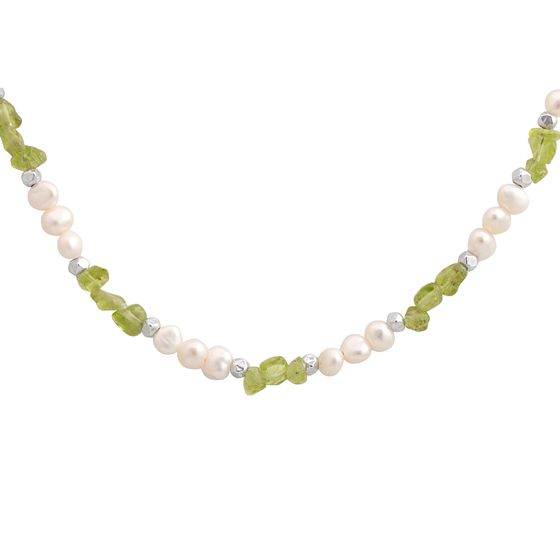 Срібне кольє з перлами бароковими, хризолітом