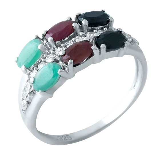 Серебряное кольцо с изумрудом, сапфиром, рубином