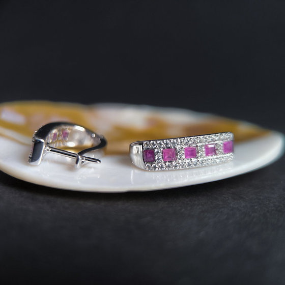Silver earrings with a 1.455ct ruby and cubic zirconia