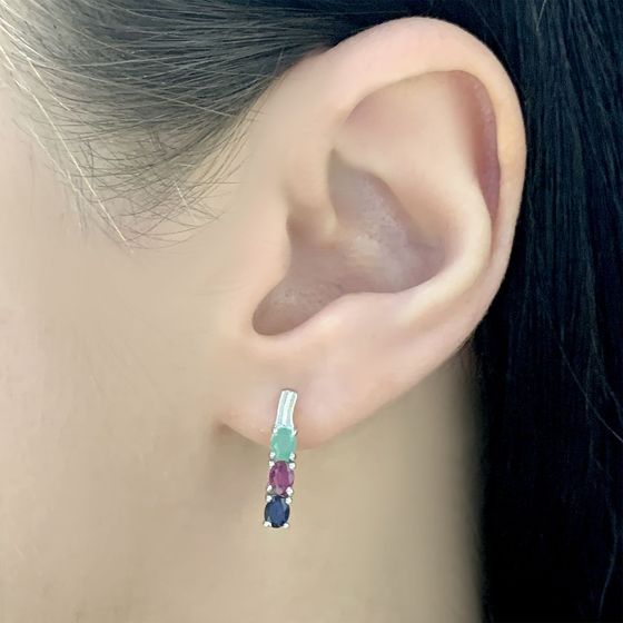 Серебряные серьги с изумрудом, рубином, сапфиром