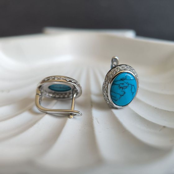 Серебряные серьги с бирюзой, фианитами