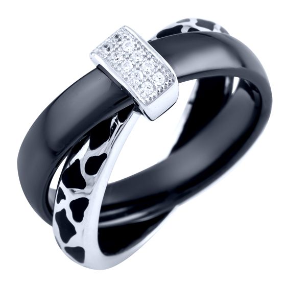 Silver ring with ceramic, enamel, and cubic zirconia