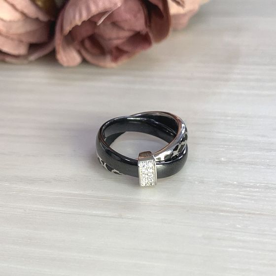 Silver ring with ceramic, enamel, and cubic zirconia