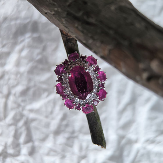 Silver ring with ruby and cubic zirconia