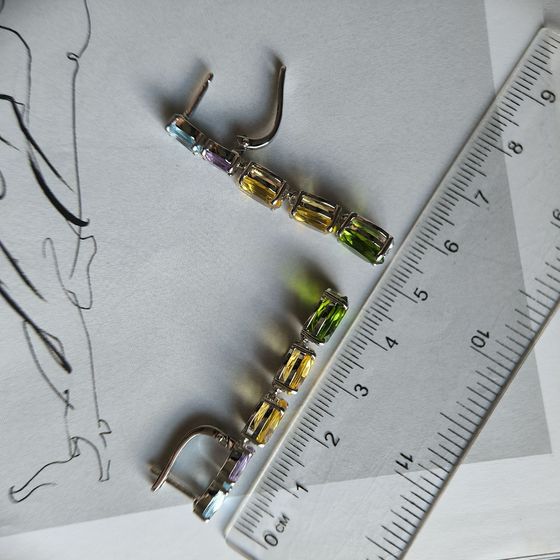 Срібні сережки з аметистом, хризолітом, топазом, цитрином