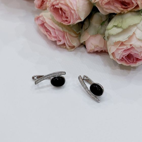 Срібні сережки з оніксом, фіанітами