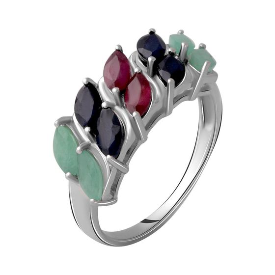 Серебряное кольцо с сапфиром 3.025ct, изумрудом, рубином