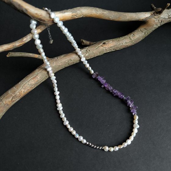 Срібне кольє з перлами бароковими, аметистом
