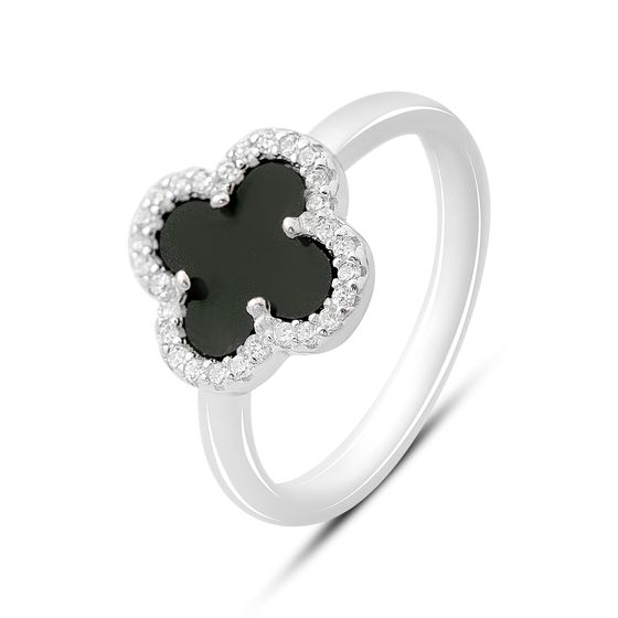 Срібна каблучка з оніксом, фіанітами