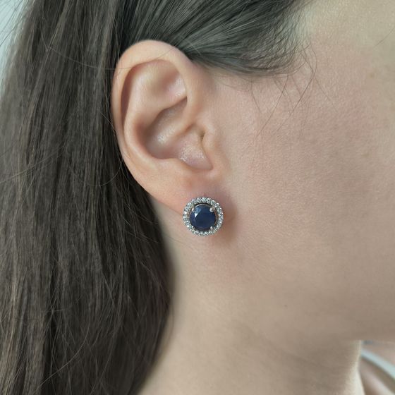 Sterling silver earrings with 5.916ct sapphire, pave diamonds