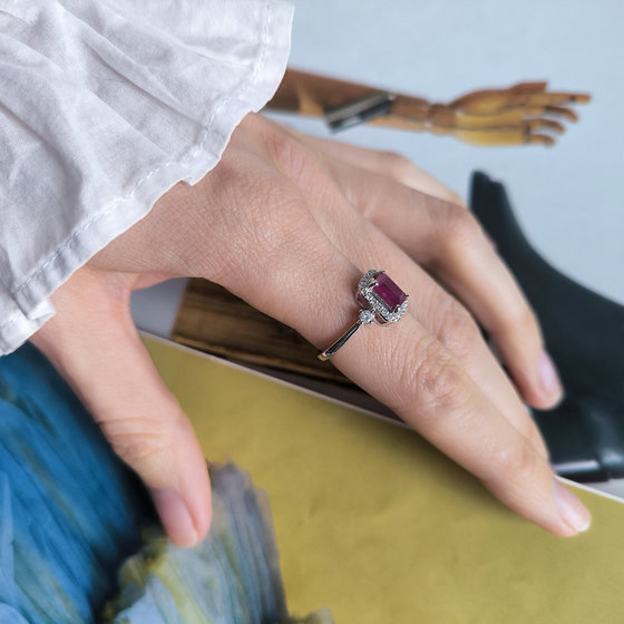 Silver ring with ruby and cubic zirconia
