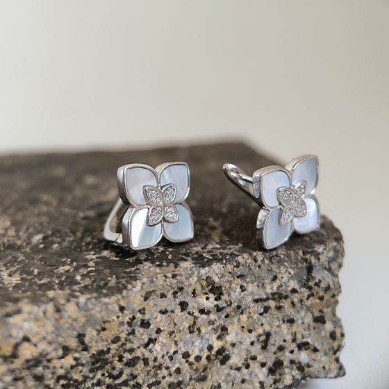 Срібні сережки з перламутром, фіанітами