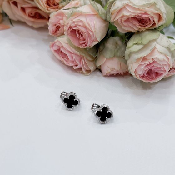 Срібні сережки з оніксом, фіанітами