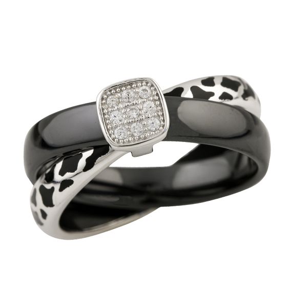 Silver ring with ceramic and cubic zirconia