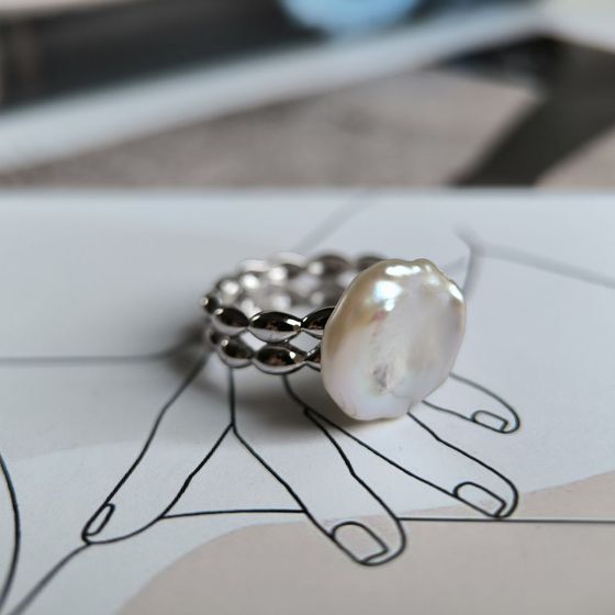 Silver ring with baroque pearls