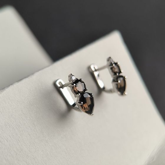 Серебряные серьги с раухтопазом (дымчатым кварцем) 2.841ct, фианитами