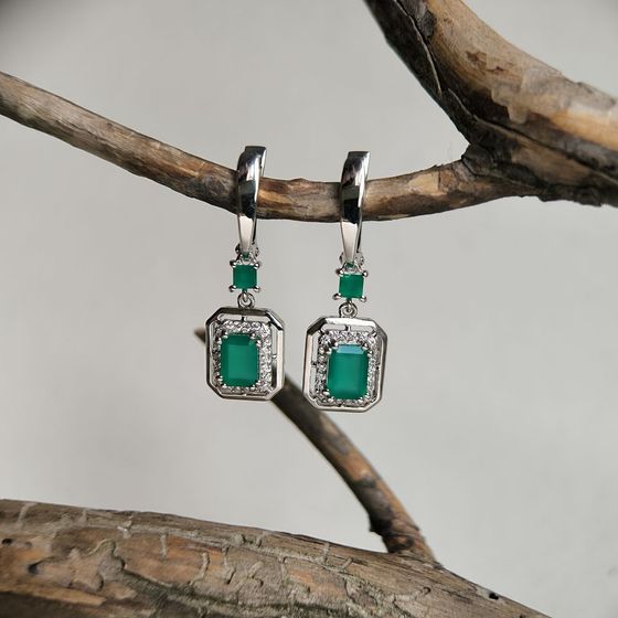 Серебряные серьги с агатом 2.617ct, фианитами