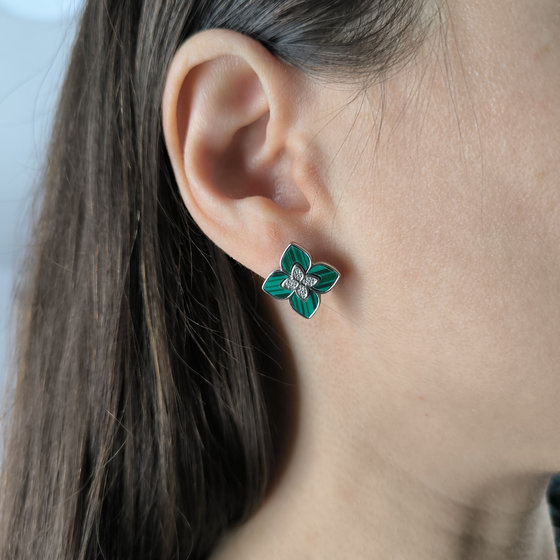 Срібні сережки з малахітом, фіанітами