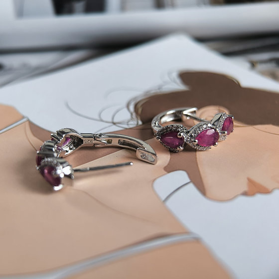 Silver earrings with ruby 4.193ct, cubic zirconia