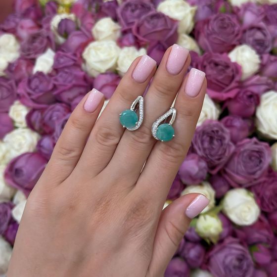 Срібні сережки зі смарагдом, фіанітами