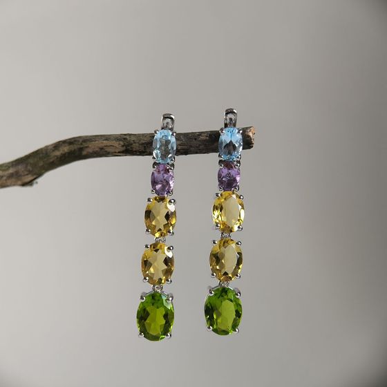 Срібні сережки з аметистом, хризолітом, топазом, цитрином