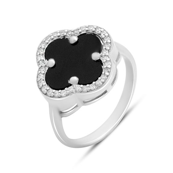 Серебряное кольцо с ониксом, фианитами