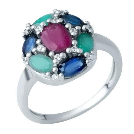 Серебряное кольцо с изумрудом 1.96ct, рубином, сапфиром, фианитами