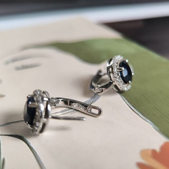 Sterling silver earrings with 5.916ct sapphire, pave diamonds