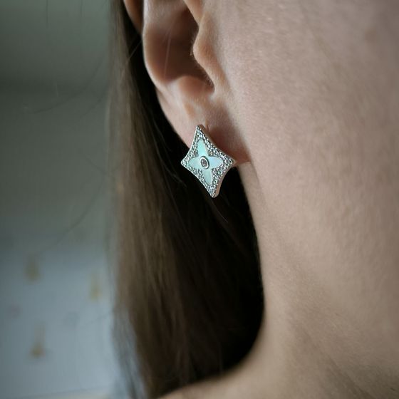 Silver earrings with phianites, mother of pearl
