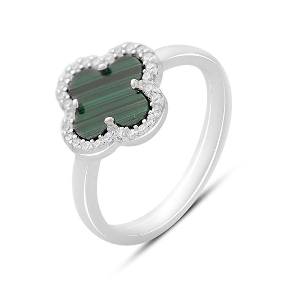 Срібна каблучка з малахітом, фіанітами